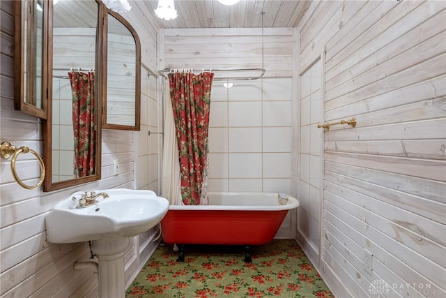 9891 Sugar St, Germantown, OH 45327 - bathroom with a freestanding tub, wooden walls, and wooden ceiling