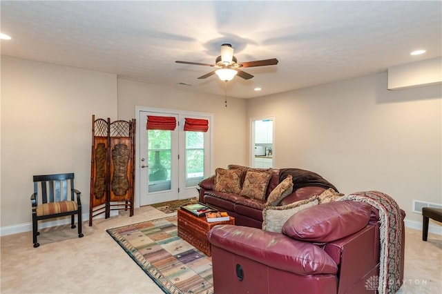2082 Tamarack Ridge Ct, Beavercreek, OH 45431 - living room featuring ceiling fan, light carpet, recessed lighting, and baseboards