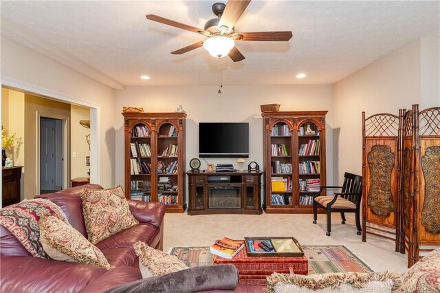 2082 Tamarack Ridge Ct, Beavercreek, OH 45431 - carpeted living room featuring a ceiling fan and recessed lighting