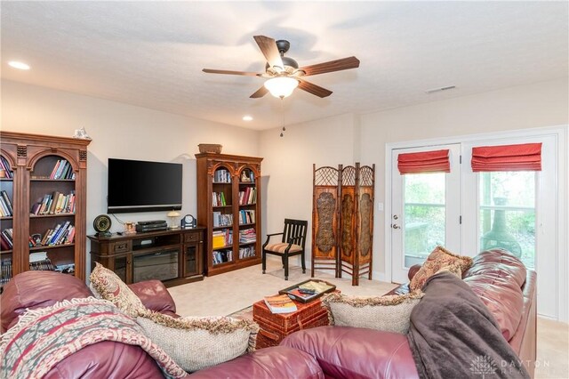 2082 Tamarack Ridge Ct, Beavercreek, OH 45431 - living area with a ceiling fan, carpet flooring, and recessed lighting
