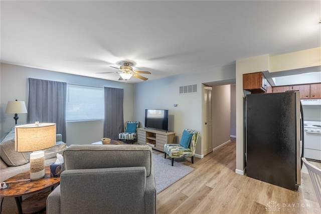 2225 Coach Dr Unit 29A, Kettering, OH 45440 - living room featuring light wood finished floors, ceiling fan, and baseboards