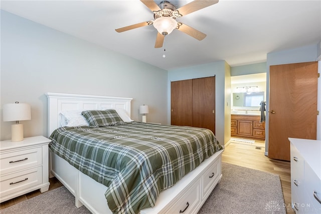 2225 Coach Dr Unit 29A, Kettering, OH 45440 - bedroom with light wood-style floors, a closet, ceiling fan, and ensuite bath