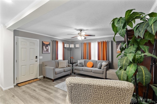 441 Kalynn Cir Unit 26, Fairborn, OH 45324 - living room with ornamental molding, light wood-style flooring, a ceiling fan, and a textured ceiling