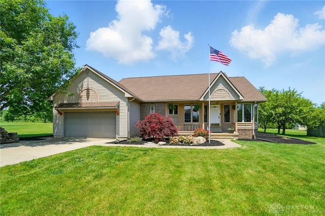5193 Horseshoe Dr, Lewisburg, OH 45338 - ranch-style home with a porch, concrete driveway, a garage, and a front yard