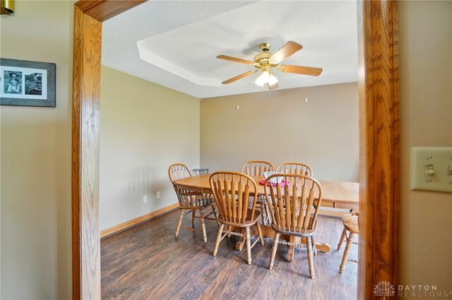 5193 Horseshoe Dr, Lewisburg, OH 45338 - dining space featuring wood finished floors, a ceiling fan, and a raised ceiling
