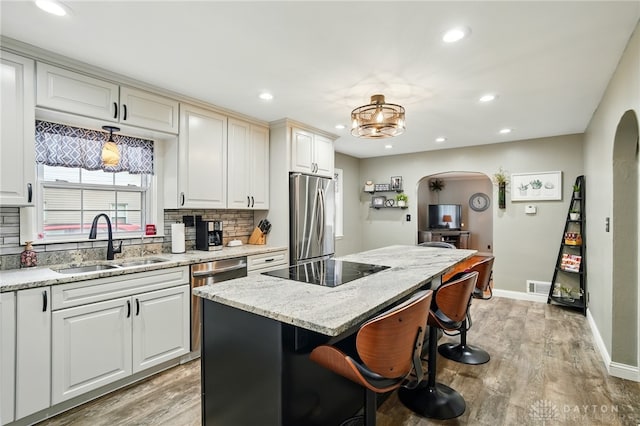 646 Barnhart Rd, Troy, OH 45373 - kitchen featuring stainless steel appliances, arched walkways, a sink, light wood-style floors, and recessed lighting
