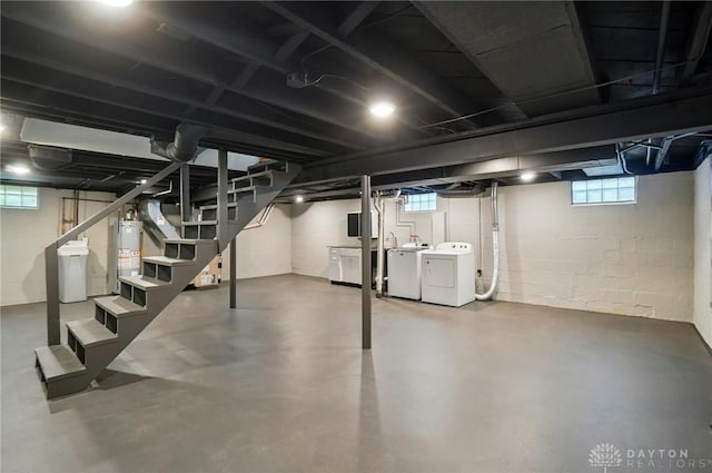 1725 Humphrey Ave, Dayton, OH 45410 - basement with washer and dryer, water heater, stairway, and healthy amount of natural light