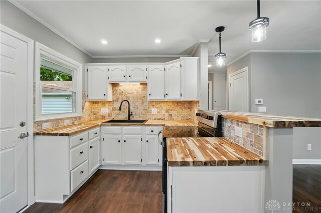 1725 Humphrey Ave, Dayton, OH 45410 - kitchen with butcher block counters, stainless steel electric range oven, a peninsula, crown molding, and white cabinets