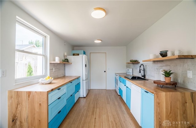 165 Mcreynolds St, Dayton, OH 45403 - kitchen with open shelves, white appliances, blue cabinetry, decorative backsplash, and light wood-style floors
