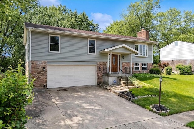 4278 Crownwood Ave, Dayton, OH 45415 - raised ranch with brick siding, an attached garage, driveway, a front yard, and a chimney