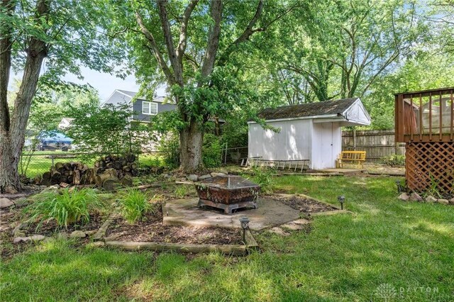 4278 Crownwood Ave, Dayton, OH 45415 - fenced backyard featuring a storage unit, a fire pit, and a wooden deck