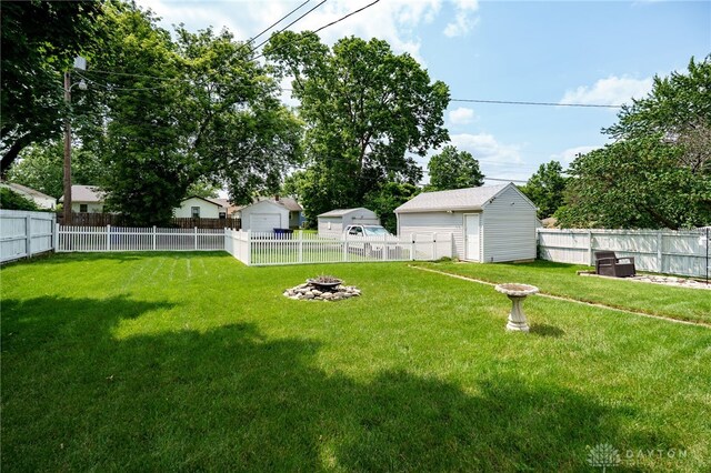 2231 King Ave, Dayton, OH 45420 - fenced backyard with a fire pit and a storage shed