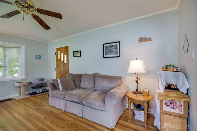 2231 King Ave, Dayton, OH 45420 - living room with wood finished floors, ornamental molding, and a ceiling fan