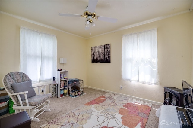 2231 King Ave, Dayton, OH 45420 - living area with carpet, crown molding, and a ceiling fan