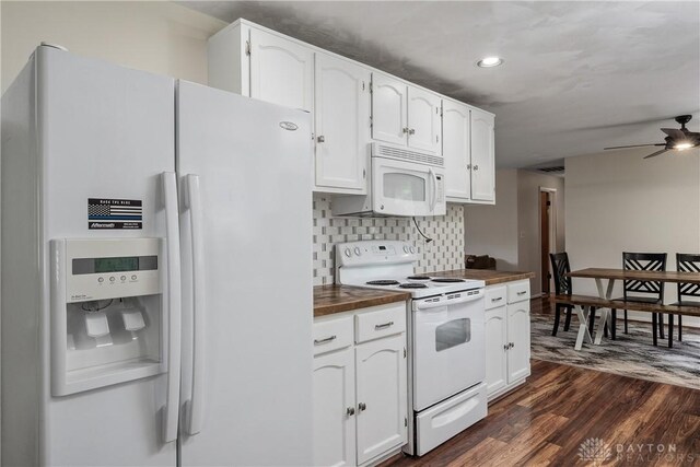 2378 E Rahn Rd, Kettering, OH 45440 - kitchen featuring white appliances, dark wood-style floors, white cabinetry, butcher block counters, and decorative backsplash