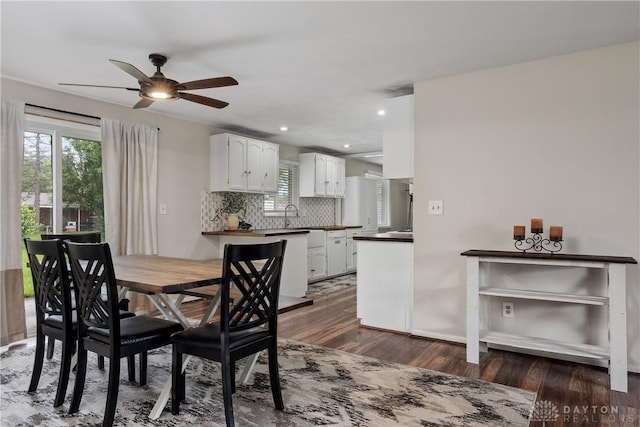 2378 E Rahn Rd, Kettering, OH 45440 - dining room with ceiling fan, dark wood finished floors, and recessed lighting