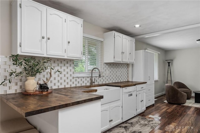2378 E Rahn Rd, Kettering, OH 45440 - kitchen with wood counters, white dishwasher, white cabinetry, recessed lighting, and decorative backsplash