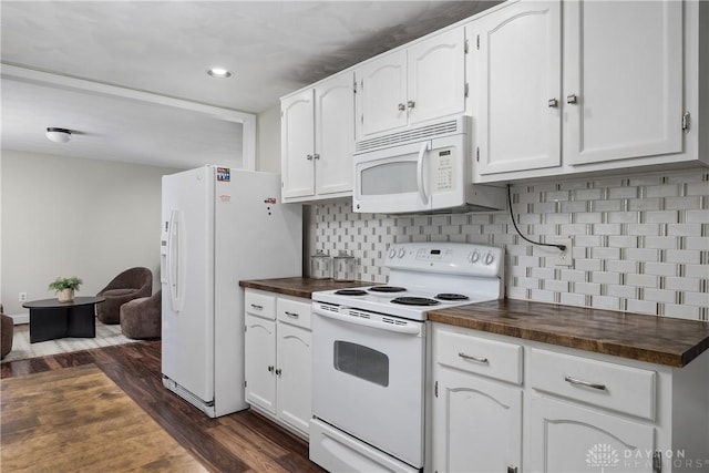 2378 E Rahn Rd, Kettering, OH 45440 - kitchen featuring white appliances, wood counters, white cabinetry, decorative backsplash, and recessed lighting