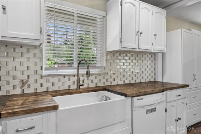 2378 E Rahn Rd, Kettering, OH 45440 - kitchen featuring butcher block counters, dishwasher, decorative backsplash, and white cabinets