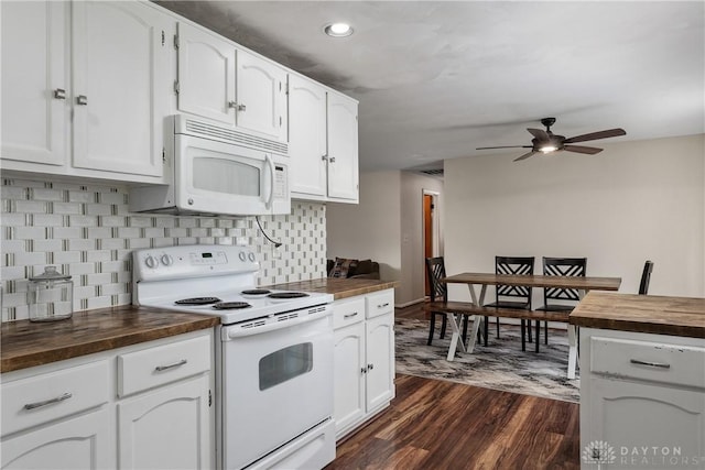 2378 E Rahn Rd, Kettering, OH 45440 - kitchen with butcher block counters, white appliances, dark wood-type flooring, a ceiling fan, and tasteful backsplash