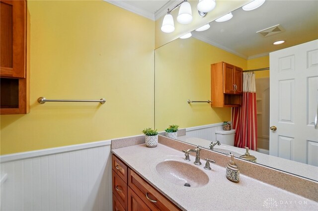 1161 Leaf Tree Ln, Vandalia, OH 45377 - bathroom with wainscoting, crown molding, vanity, and a shower with shower curtain