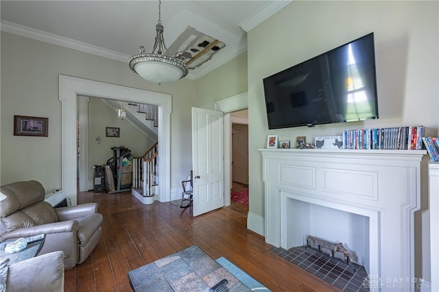 3149 W State Route 73, Wilmington, OH 45177 - living area with stairs, dark wood finished floors, and crown molding
