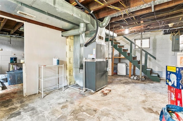 1707 Maiden Ln, Springfield, OH 45504 - basement with electric panel, heating unit, and stairs