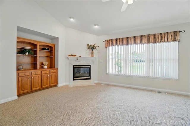 3862 Robinson Vail Rd, Franklin, OH 45005 - living area featuring light carpet, ceiling fan, lofted ceiling, and a high end fireplace