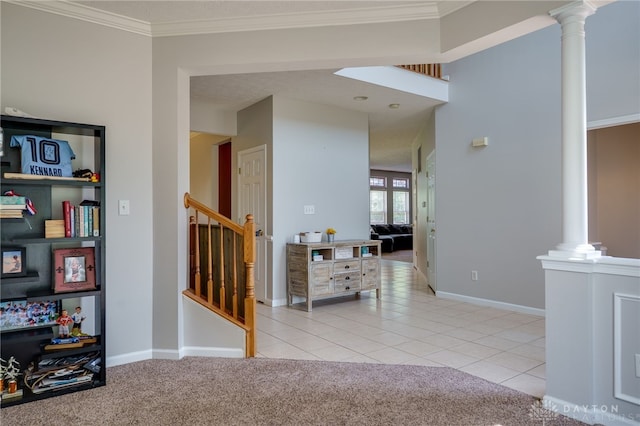 3334 Greycliff Trl, Franklin Twp, OH 45005 - hallway featuring ornate columns, light tile patterned flooring, light colored carpet, crown molding, and stairway