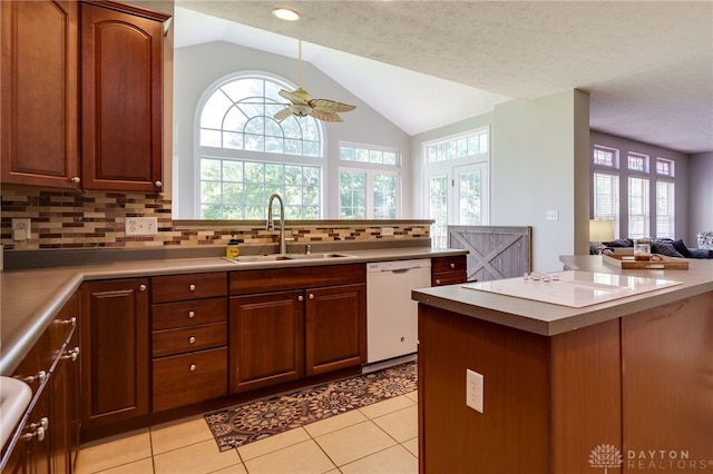 3334 Greycliff Trl, Franklin Twp, OH 45005 - kitchen featuring dishwasher, a ceiling fan, lofted ceiling, tasteful backsplash, and light tile patterned flooring