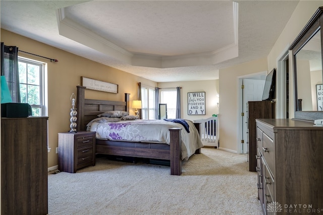 3334 Greycliff Trl, Franklin Twp, OH 45005 - bedroom with a raised ceiling, multiple windows, light carpet, a textured ceiling, and ornamental molding