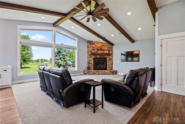 1737 Wilmington Rd, Cedarville Twp, OH 45314 - living room featuring light wood-style floors, a stone fireplace, recessed lighting, and a ceiling fan