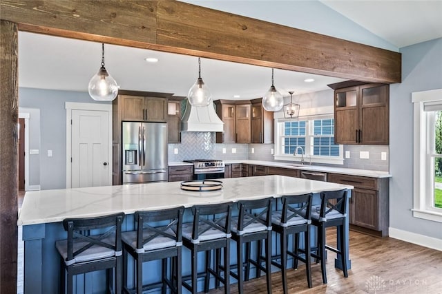 1737 Wilmington Rd, Cedarville Twp, OH 45314 - kitchen featuring stainless steel appliances, tasteful backsplash, dark wood-style floors, glass insert cabinets, and vaulted ceiling