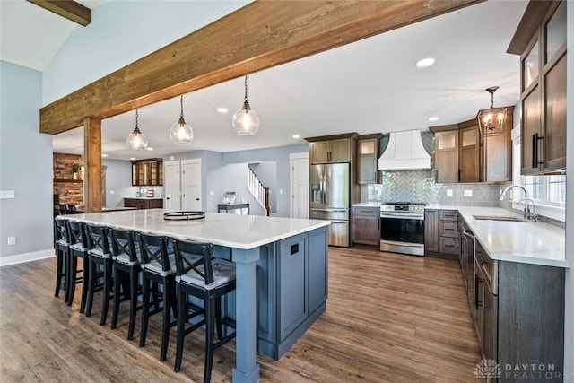 1737 Wilmington Rd, Cedarville Twp, OH 45314 - kitchen featuring appliances with stainless steel finishes, premium range hood, dark wood-type flooring, backsplash, and glass insert cabinets