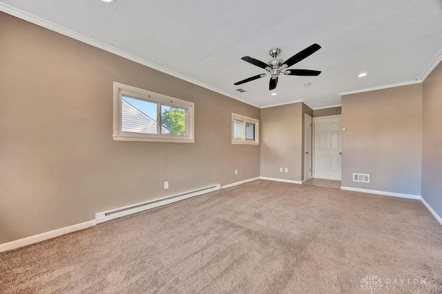 1210 Clovernook Dr, Hamilton, OH 45013 - unfurnished bedroom featuring baseboard heating, ornamental molding, carpet floors, recessed lighting, and ceiling fan