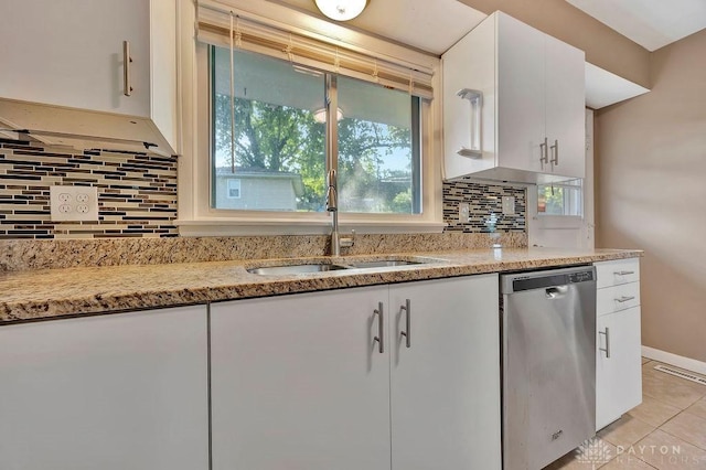 1210 Clovernook Dr, Hamilton, OH 45013 - kitchen with dishwasher, backsplash, white cabinetry, light stone counters, and light tile patterned flooring