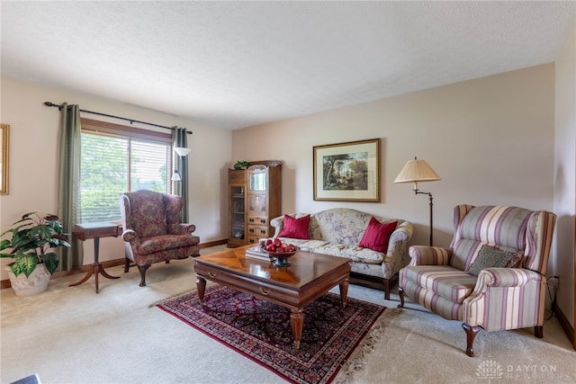 3875 Ferry Rd, Sugarcreek Twp, OH 45305 - carpeted living area featuring baseboards and a textured ceiling