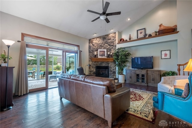 3875 Ferry Rd, Sugarcreek Twp, OH 45305 - living area with ceiling fan, a stone fireplace, wood finished floors, high vaulted ceiling, and recessed lighting