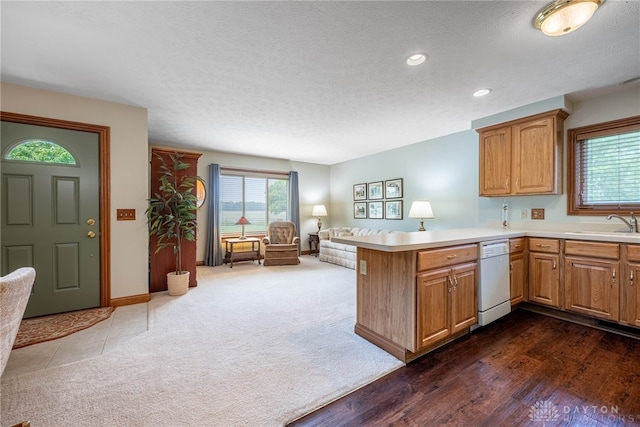 3875 Ferry Rd, Sugarcreek Twp, OH 45305 - kitchen with dishwasher, a peninsula, light countertops, a textured ceiling, and dark colored carpet