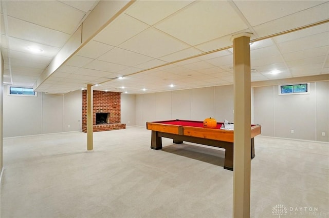 7255 State Route 48, Springboro, OH 45066 - rec room featuring carpet flooring, a brick fireplace, a paneled ceiling, and billiards table