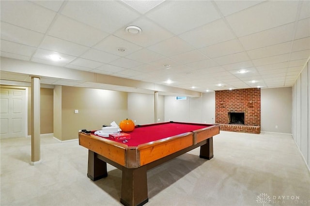 7255 State Route 48, Springboro, OH 45066 - recreation room with light carpet, billiards table, a fireplace, and a drop ceiling