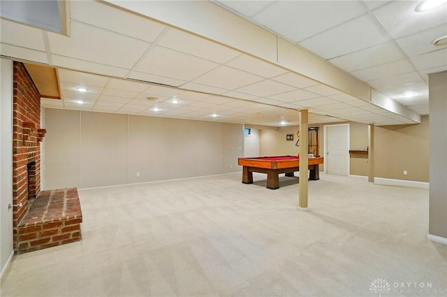 7255 State Route 48, Springboro, OH 45066 - recreation room with a paneled ceiling, pool table, carpet flooring, and a brick fireplace