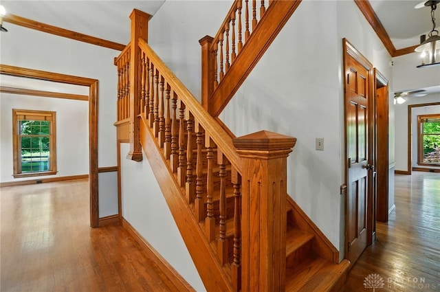 7255 State Route 48, Springboro, OH 45066 - stairs with wood finished floors, crown molding, a chandelier, and a ceiling fan