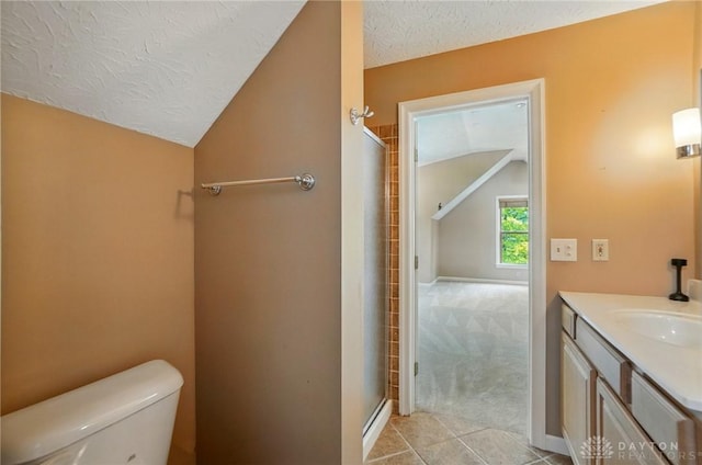 7255 State Route 48, Springboro, OH 45066 - bathroom featuring vaulted ceiling, a textured ceiling, a shower stall, vanity, and tile patterned flooring