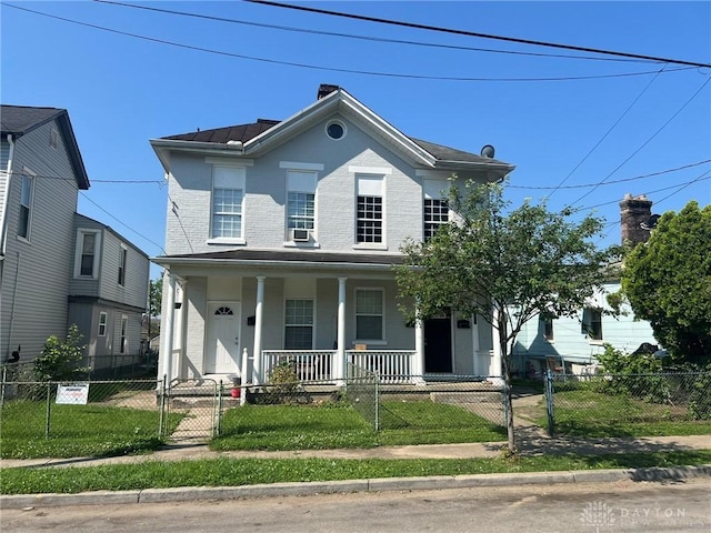 211 W 70th St, Cincinnati, OH 45216 - view of front of house with covered porch, a fenced front yard, brick siding, a gate, and cooling unit