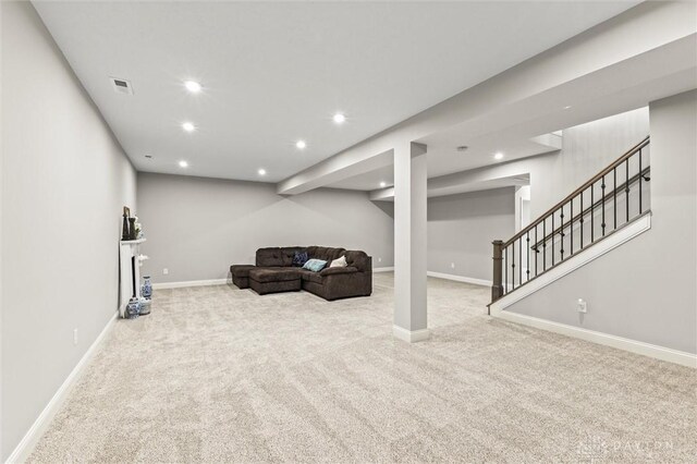 1796 Archerfield Pl, Miamisburg, OH 45342 - living room featuring carpet flooring, recessed lighting, and stairway