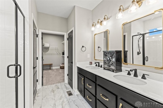 1796 Archerfield Pl, Miamisburg, OH 45342 - bathroom with a spacious closet, double vanity, marble finish flooring, and a shower stall