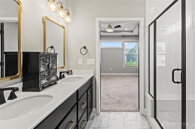 1796 Archerfield Pl, Miamisburg, OH 45342 - full bath featuring double vanity, a stall shower, marble look tile flooring, and a ceiling fan
