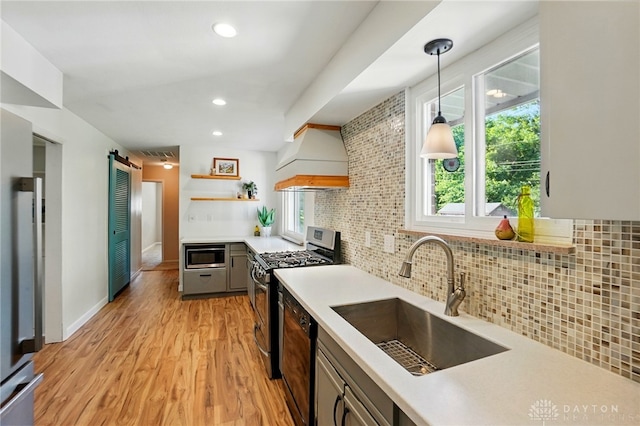 320 Witherby Dr, Kettering, OH 45429 - kitchen with appliances with stainless steel finishes, custom range hood, light countertops, decorative backsplash, and open shelves