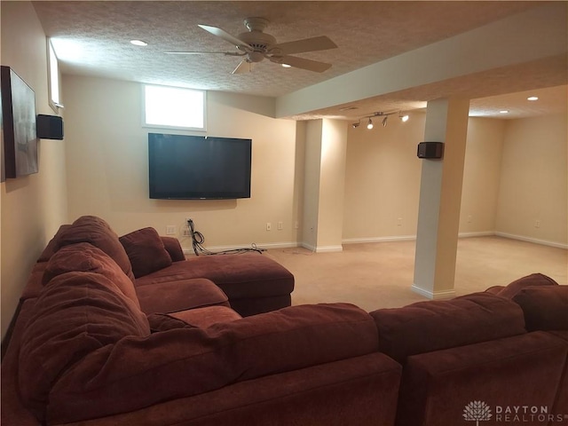 1052 Windpointe Way, Englewood, OH 45322 - living room with light colored carpet, track lighting, a textured ceiling, recessed lighting, and ceiling fan